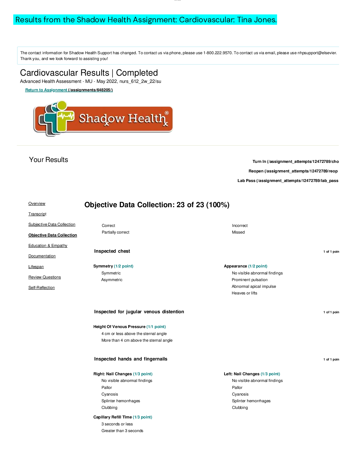 Preview image for Tina - Results from the Shadow Health Assignment: Cardiovascular: Tina Jones.